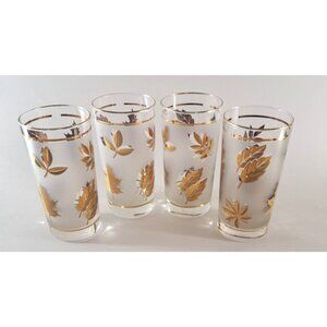 Libbey Frosted Gold Foliage Leaf Drinking Glasses Tumblers Set of 4 Mid Century